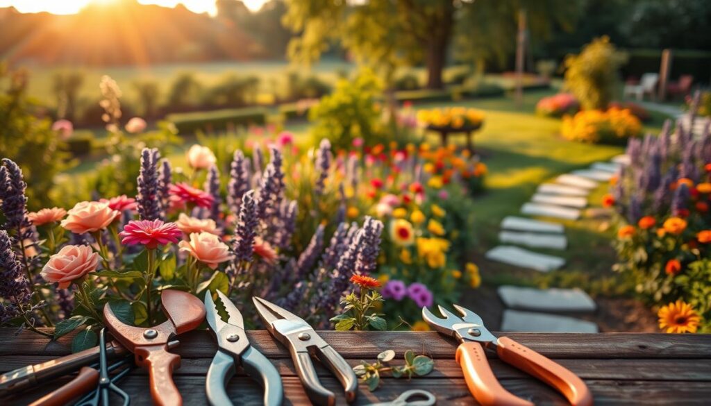 A lush, vibrant garden in the golden hour light. In the foreground, a close-up view of various gardening tools - secateurs, trowel, pruning shears, all arranged neatly on a wooden bench. In the middle ground, an array of flourishing plants and blooming flowers - roses, lavender, and vibrant annuals. The background gently fades into a softly blurred natural landscape, with trees and a meandering path leading the eye deeper into the serene, well-tended garden. The overall mood is one of tranquility, productivity, and a passion for horticulture.