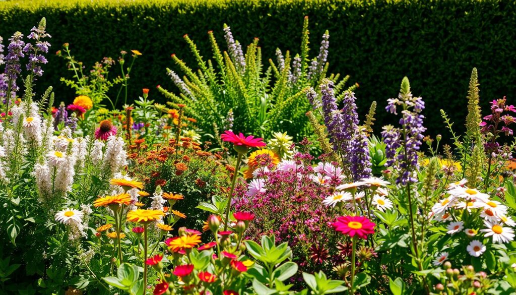 A lush, vibrant garden scene set in the foreground, showcasing a harmonious arrangement of diverse plant species thriving in a warm, sunlit environment. In the middle ground, a variety of flowering perennials and shrubs create a captivating color palette, complemented by the textural contrast of leafy foliage. The background features a neatly trimmed hedge, framing the scene and suggesting a well-maintained, manicured outdoor space. The overall composition conveys a sense of tranquility and natural beauty, perfectly suited to adorn the section on "Rośliny do ogrodu przed domem — wybór gatunków i kompozycje" in the article.