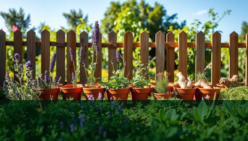 A lush, vibrant garden scene, with an array of natural repellents against moles prominently displayed in the foreground. In the middle ground, a wooden fence frames the scene, while the background features a flourishing vegetable patch and a clear, blue sky. The repellents include a variety of aromatic herbs and plants, such as lavender, castor oil plants, and ginger, all neatly arranged in rustic terracotta pots. The lighting is warm and natural, creating a sense of serenity and a connection to the outdoors. The overall composition conveys a harmonious, eco-friendly approach to pest control, highlighting the effectiveness of these homemade, non-toxic solutions.