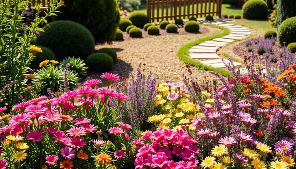 A lush, well-designed garden bed with a variety of colorful perennials and flowering plants. The foreground features a mix of vibrant blooms in shades of pink, purple, and yellow, arranged in a visually appealing pattern. The middle ground showcases neatly trimmed, low-growing shrubs and ground cover, creating a sense of depth and structure. In the background, a tranquil path winds through the garden, bordered by a rustic wooden fence or hedge, suggesting a peaceful and inviting atmosphere. The scene is illuminated by warm, natural sunlight, casting gentle shadows and highlights that accentuate the textural and color details of the plants. The overall composition conveys a harmonious, budget-friendly garden design that is both aesthetically pleasing and low-maintenance.