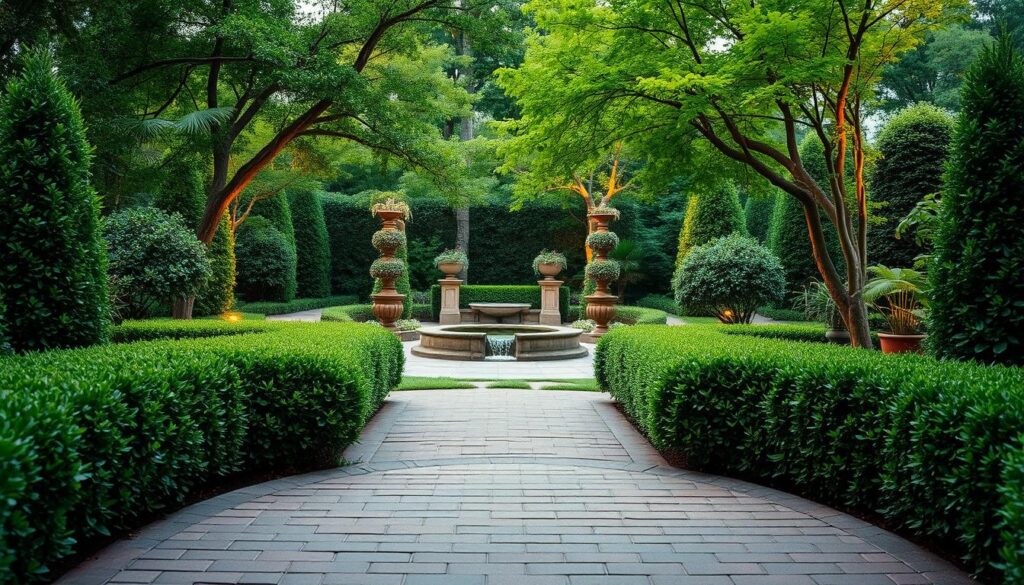A lush, well-designed garden with distinct functional zones. In the foreground, a paved walkway leads through a meticulously pruned hedge, guiding the viewer's eye towards the middle ground. There, a serene seating area is framed by ornamental planters and a trickling water feature, creating a tranquil, intimate space. In the background, a verdant canopy of trees and shrubs offers visual depth and a sense of enclosure, while strategically placed lighting casts a warm, inviting glow over the entire scene. The overall composition emphasizes the harmonious integration of practical and aesthetic elements, reflecting the principles of thoughtful space organization.