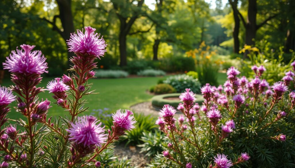 A lush, well-tended garden showcasing the delicate beauty of heather shrubs. The foreground features several mature heather plants in vibrant shades of purple and pink, their feathery foliage gently swaying in a soft breeze. The middle ground depicts a neatly tended garden bed, with the heather plants arranged in an artful, naturalistic composition. In the background, a tranquil woodland scene unfolds, with dappled sunlight filtering through the verdant canopy, creating a serene and inviting atmosphere. The lighting is warm and diffused, lending a sense of calm and peacefulness to the scene. The camera angle is slightly elevated, providing a captivating, bird's-eye view of the garden's harmonious design.