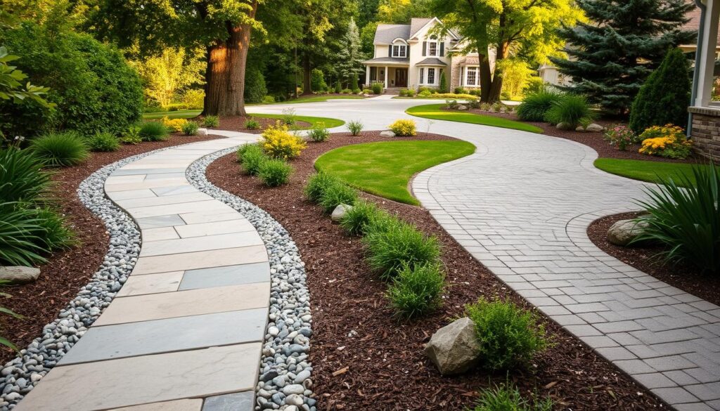 A meticulously crafted outdoor scene showcasing a variety of natural and man-made materials used for garden paths and driveways. In the foreground, a well-defined walkway meanders through lush greenery, its surface composed of smooth, natural stone pavers arranged in an elegant pattern. Surrounding the path, a mix of textured materials such as gravel, bark mulch, and decorative river rocks create visual interest and define distinct zones. In the middle ground, a gently curving driveway leads up to a stately home, its surface a harmonious blend of durable, interlocking concrete pavers. The background features a verdant backdrop of mature trees and shrubs, casting warm, soft light across the entire scene. The overall atmosphere evokes a sense of tranquility, balance, and thoughtful design.