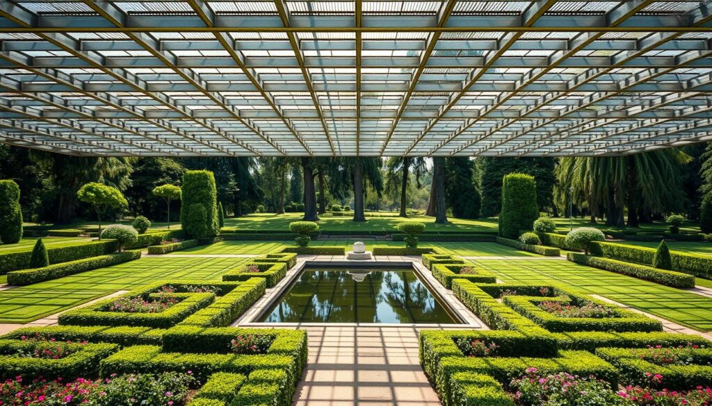 A meticulously detailed architectural grid overlaying a lush, verdant garden landscape. The grid casts intricate shadows on the ground, creating a captivating interplay of light and geometry. The foreground features an elegant arrangement of geometric flower beds and manicured hedges, while the middle ground showcases a tranquil pond reflecting the grid above. In the background, towering trees sway gently, framing the scene with a naturalistic balance. The lighting is soft and diffused, imbuing the image with a sense of serenity and harmony between the constructed and organic elements. Captured with a wide-angle lens to emphasize the scale and proportion of the grid system within the garden setting.