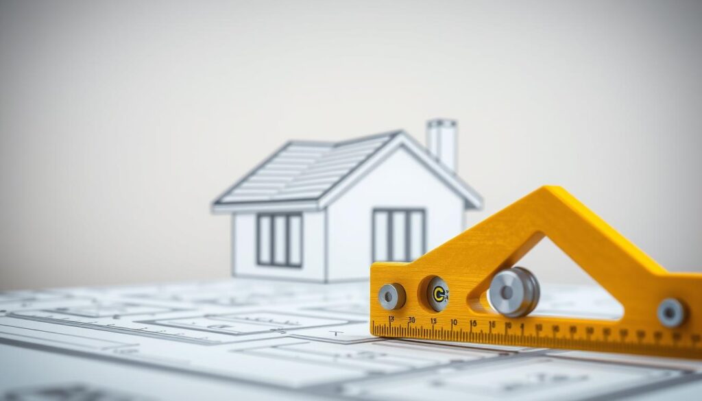 A meticulously detailed diagram of the roof's pitch measurement, captured from an oblique angle with a high-resolution lens. The foreground showcases a carpenter's level and a protractor precisely aligned to the roofline, providing clear visual cues for the roof's angle. The middle ground features a simplified architectural rendering of a residential building, its roof's contours and dimensions clearly delineated. The background subtly blurs into a muted, neutral tone, allowing the technical details to take center stage. The overall mood is one of precision, practicality, and a focus on the technical aspects of roof construction.