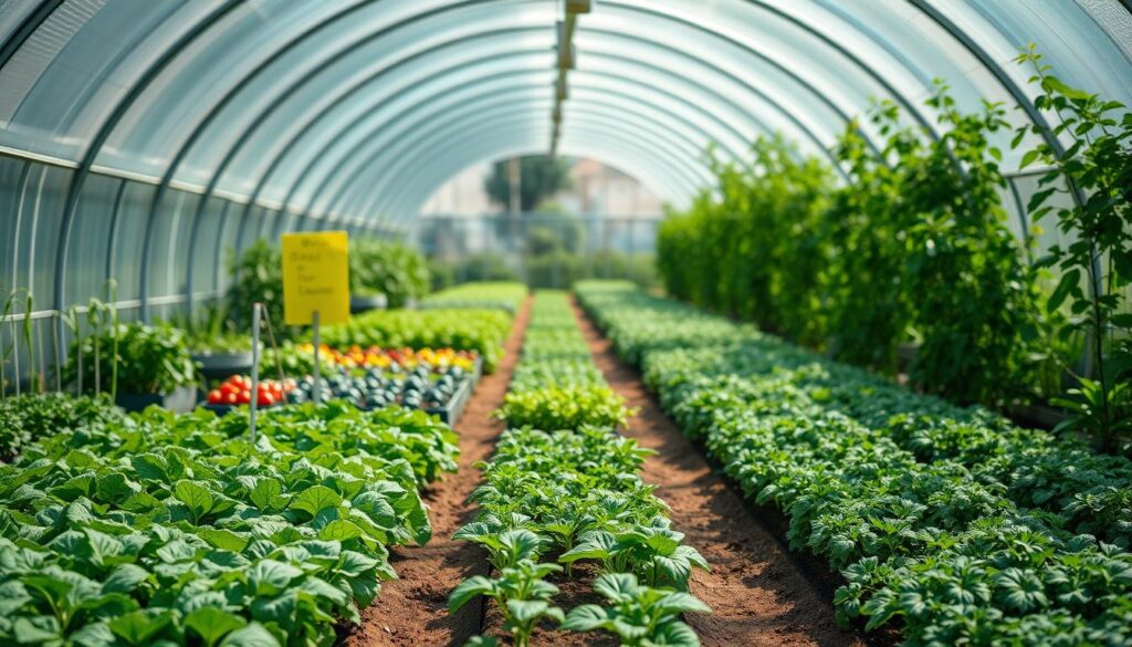 A meticulously planned vegetable garden layout within a lush, sunlit greenhouse tunnel. The foreground features vibrant, neatly arranged rows of leafy greens, herbs, and colorful produce. The middle ground showcases a diversity of thriving plants, each strategically positioned for optimal growth and yield. The background subtly fades into a tranquil, atmospheric scene, with the curved arches of the greenhouse structure providing a sense of warmth and protection. Soft, diffused lighting gently illuminates the scene, highlighting the verdant foliage and creating a serene, inviting ambiance. The overall composition conveys a harmonious balance of productivity, organization, and natural beauty within the confines of the greenhouse tunnel.