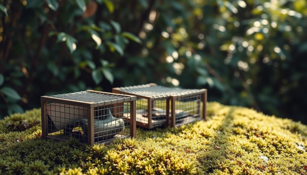 A minimalist, realistic still life depicting a set of humane animal traps, or "żywołapki", designed to capture and safely release wild martens, or "kuny", in a natural garden setting. The traps are made of weathered wood and wire mesh, sitting on a bed of lush, verdant moss. Soft, diffused natural lighting filters through the surrounding foliage, creating a calming, almost serene atmosphere. The composition emphasizes the traps' pragmatic functionality and eco-friendly, non-lethal approach to wildlife management, in line with the "Żywołowne pułapki jako metoda humanitarna" section of the article.