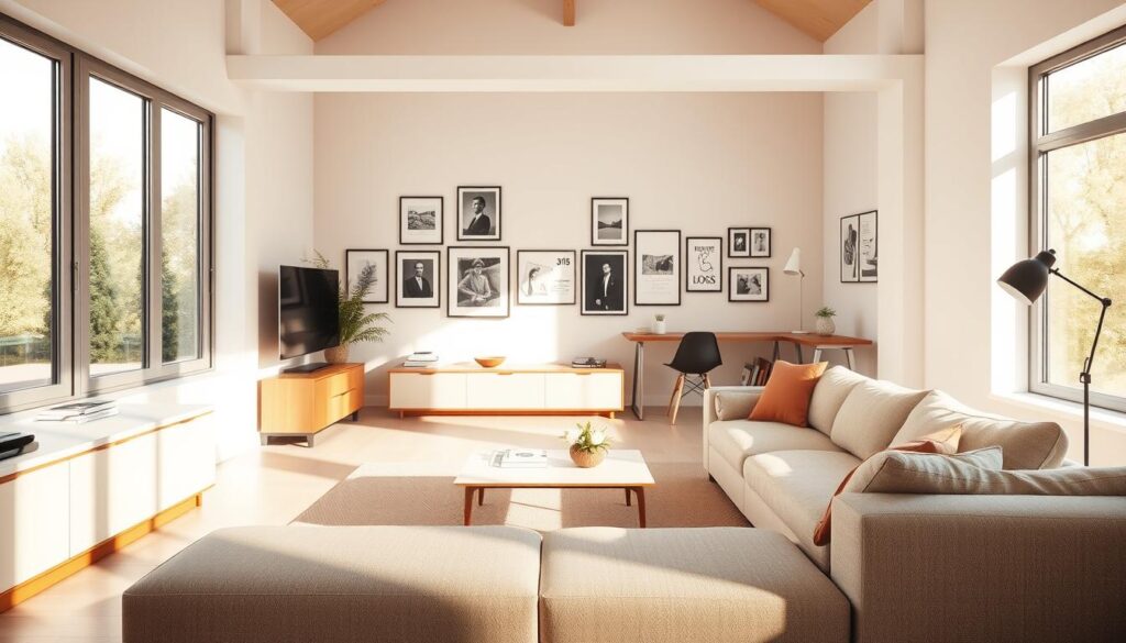 A modern and functional living room with clearly defined zones for different activities. The room is bathed in warm, natural light filtering through large windows, creating a cozy and inviting atmosphere. In the foreground, a plush, L-shaped sofa in a neutral tone provides a comfortable seating area. Nearby, a minimalist coffee table with clean lines anchors the conversation zone. In the middle ground, a low bookshelf or media unit delineates the transition to the workspace area, where a sleek, mid-century inspired desk and chair setup facilitates productivity. The background features a well-curated gallery wall, adding visual interest and personality to the space. The overall design is a harmonious blend of form and function, reflecting a contemporary and sophisticated aesthetic.