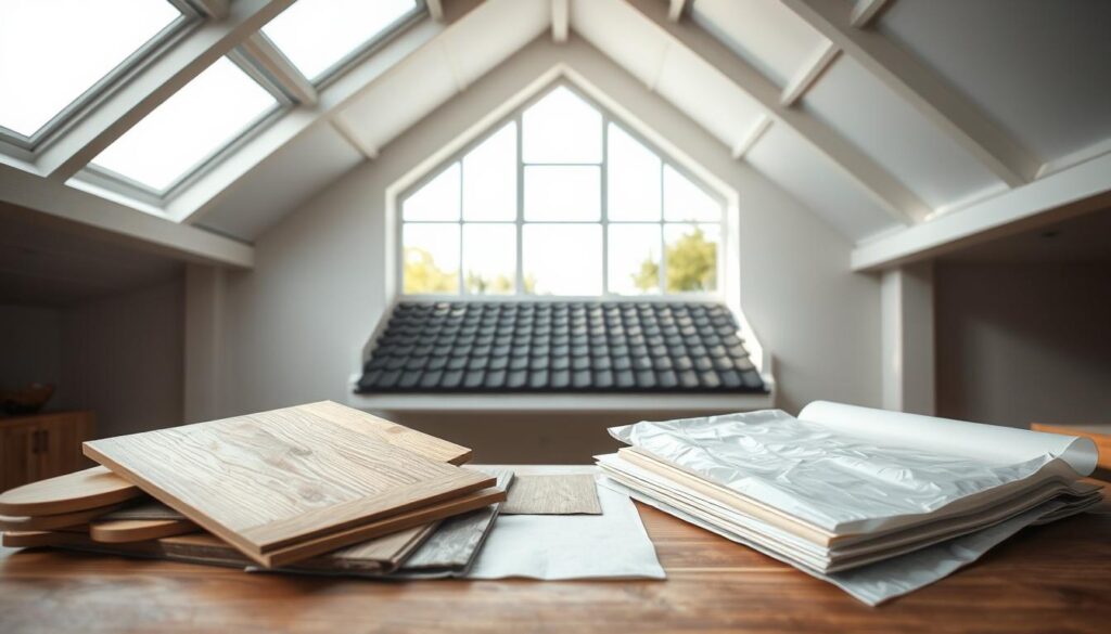 A modern, minimalist room with a vaulted ceiling, a large antracite-colored roof visible through a window. In the foreground, various samples of roofing underlay materials, including wood, metal, and plastic, are arranged on a wooden table. Soft, natural lighting illuminates the scene, creating a warm and inviting atmosphere. The focus is on the different textures and colors of the underlay materials, highlighting how they could influence the choice of color for the roofing underlay in relation to the antracite-colored roof.