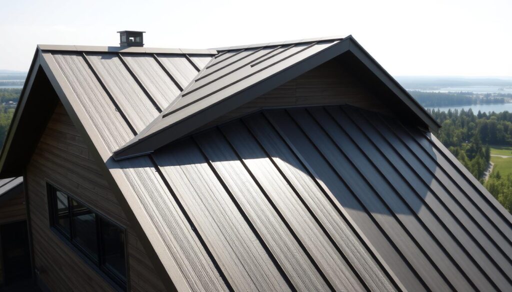 A modern, well-designed gable roof (dach dwuspadowy) with a sleek, minimalist profile. The roof features clean lines, sharp angles, and a harmonious blend of traditional and contemporary elements. Sunlight streams across the roof's surface, creating dynamic shadows and highlights that accentuate its architectural form. The roof is constructed with high-quality, matte-finish metal panels in a neutral, earthy tone that complements the surrounding environment. In the background, a tranquil, natural landscape provides a serene backdrop, emphasizing the roof's integration with its setting. The overall scene conveys a sense of timeless elegance and architectural sophistication.