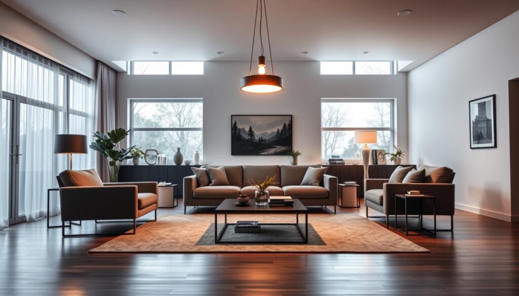 A modern, well-lit living room with a sleek, minimalist design. In the foreground, a contemporary sofa and armchair arrangement is illuminated by a striking pendant light fixture, casting a warm, ambient glow. The middle ground features a stylish coffee table and side tables, complemented by tasteful decor elements. The background showcases large windows, allowing natural light to filter in and create a bright, airy atmosphere. The overall scene conveys a sense of sophistication and technological integration, with subtle smart home features seamlessly blending into the design. The lighting is layered, creating depth and visual interest, reflecting the section's focus on innovative lighting solutions.
