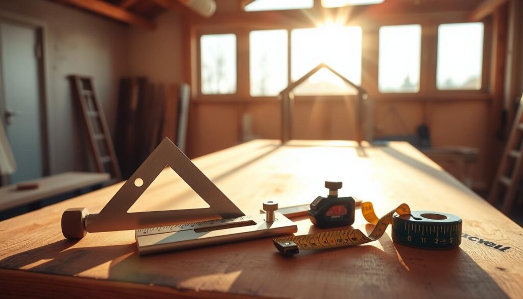 A neatly arranged construction site with a carpenter's square, spirit level, and tape measure prominently displayed on a wooden workbench. The scene is illuminated by warm, natural lighting streaming through a large window, casting gentle shadows across the scene. In the background, the outline of a pitched roof can be seen, hinting at the subject of the image. The overall atmosphere is one of precision, attention to detail, and the methodical process of constructing a roof with a perfect right angle.