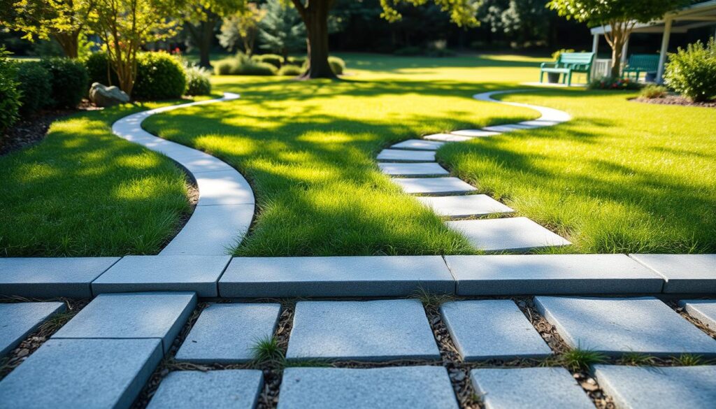 A neatly arranged garden path, lined with simple yet elegant concrete curb stones. The foreground showcases the careful placement of the curbs, their clean edges and uniform rows creating a visually appealing pattern. In the middle ground, a well-tended lawn extends, its lush green hue complementing the gray of the curbs. The background features a tranquil, sun-dappled scene, with trees and shrubs providing a natural backdrop. The lighting is soft and natural, casting subtle shadows that accentuate the texture and geometry of the curb stones. The overall composition conveys a sense of order, functionality, and harmonious integration of the hardscape and softscape elements.