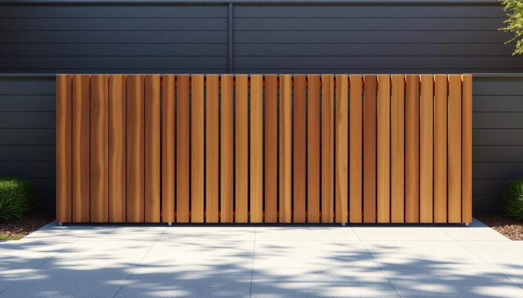 A neatly arranged set of modern fence panels, showcasing a variety of materials and styles. In the foreground, sleek composite panels in a warm wooden tone stand tall, casting subtle shadows on the ground. In the middle, sturdy wooden slats in a natural finish create a rustic yet refined barrier. In the background, clean-lined aluminum panels in a muted gray hue provide a contemporary contrast. The scene is illuminated by soft, diffused lighting, highlighting the textures and grains of the materials. The overall atmosphere conveys a sense of privacy, elegance, and seamless integration with the surrounding landscape.