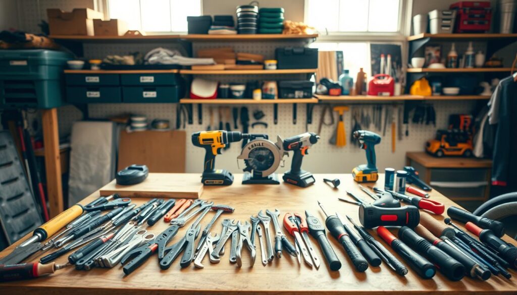A neatly arranged workbench in a cozy garage, illuminated by warm, natural lighting from large windows. The foreground features a variety of well-maintained hand tools - screwdrivers, pliers, wrenches, and a hammer, all laid out in an organized manner. In the middle ground, a cordless power drill, a circular saw, and an electric sander stand ready to tackle more demanding tasks. The background showcases shelves stocked with toolboxes, spare parts, and other essential workshop items, creating a sense of functionality and practicality. The overall atmosphere conveys a space dedicated to DIY projects, where the tools and equipment seamlessly integrate to enable a productive and satisfying hands-on experience.