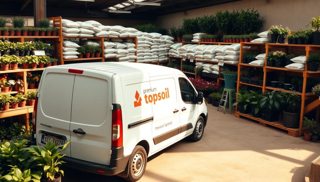 A neatly organized garden center with rows of potted plants and bags of premium topsoil stacked on wooden shelves. In the foreground, a delivery van with a logo prominently displayed on the side, ready to transport the soil to customers' homes. The lighting is warm and natural, casting a soft glow over the scene. The camera angle is slightly elevated, providing a comprehensive view of the well-stocked facility. The overall atmosphere conveys a sense of professionalism, efficiency, and a commitment to meeting the gardening needs of the community.