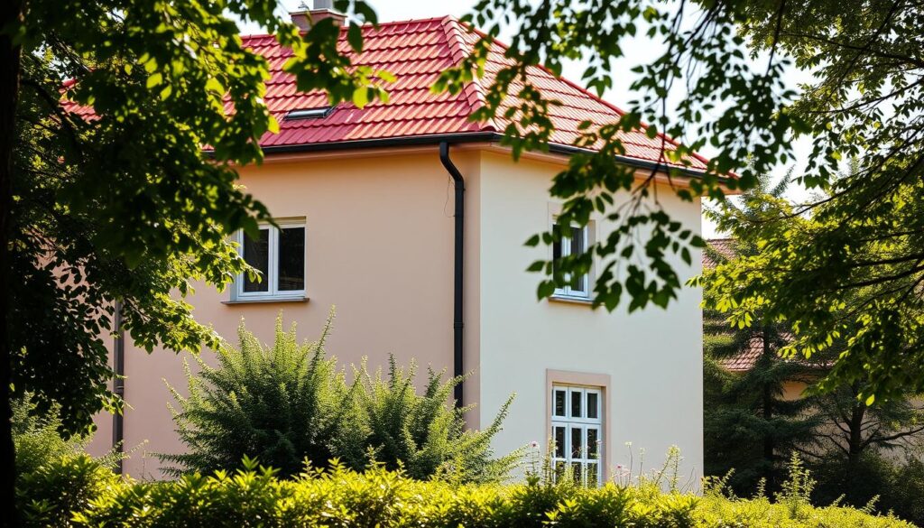 A pastel-hued residential building with a vibrant crimson roof stands in a serene, sun-dappled setting. The facade features a harmonious blend of soft, muted tones, complementing the striking contrast of the red tiles above. Lush greenery frames the scene, creating a sense of tranquility and natural harmony. The image is captured with a warm, gentle lighting that accentuates the building's subtle architectural details and the interplay of colors. A sense of calm and understated elegance pervades the overall composition, reflecting the "Pastelowe barwy i subtelne akcenty" theme.