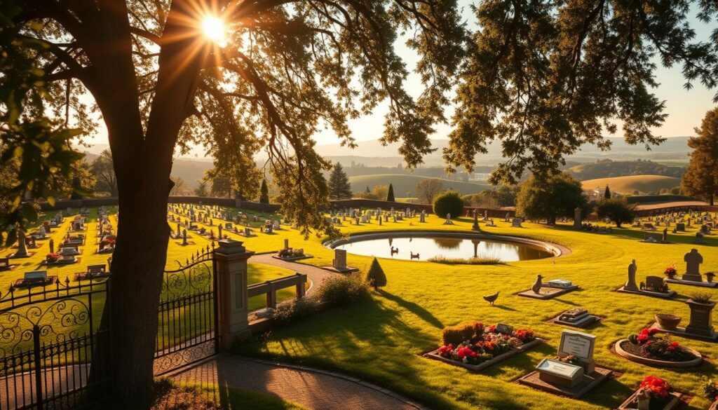 A pastoral cemetery for beloved pets, with rows of small headstones and memorials nestled amidst a lush, verdant landscape. Sunlight filters through the branches of tall trees, casting warm, golden hues across the somber yet serene scene. In the foreground, a winding path leads visitors past ornate iron gates and a tranquil pond, where ducks glide across the still water. The middle ground features carefully tended flower beds and personalized tributes, while the background opens up to rolling hills and a distant horizon, conveying a sense of peaceful contemplation. The overall atmosphere is one of reverence, comfort, and the gentle embrace of nature reclaiming its own. A pastoral cemetery for beloved pets, with rows of small headstones and memorials nestled amidst a lush, verdant landscape. Sunlight filters through the branches of tall trees, casting warm, golden hues across the somber yet serene scene. In the foreground, a winding path leads visitors past ornate iron gates and a tranquil pond, where ducks glide across the still water. The middle ground features carefully tended flower beds and personalized tributes, while the background opens up to rolling hills and a distant horizon, conveying a sense of peaceful contemplation. The overall atmosphere is one of reverence, comfort, and the gentle embrace of nature reclaiming its own.