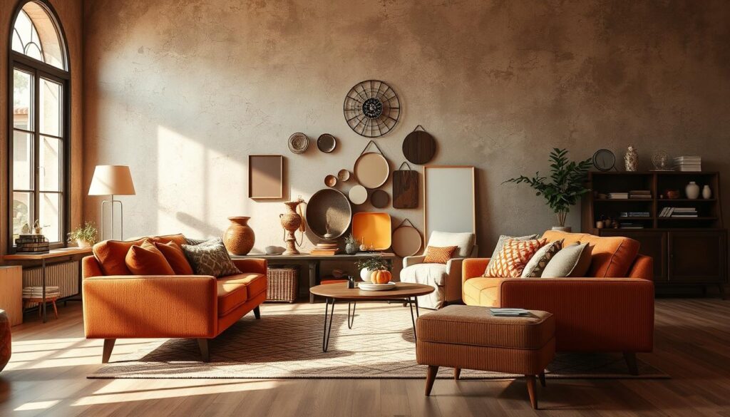 A retro-inspired living room with a focus on the textured, earthy-toned walls. The foreground features a mid-century modern sofa and armchair in warm, vintage-inspired fabrics. The middle ground showcases a mix of antique and modern decor elements, creating a harmonious blend of old and new. The background is a soft, muted color palette with hints of terracotta, ochre, and sage, evoking a cozy, timeless atmosphere. The lighting is natural, casting a gentle glow and creating a sense of depth and dimensionality. The overall composition is balanced and visually appealing, showcasing how old and new can be seamlessly integrated in a modern living space.