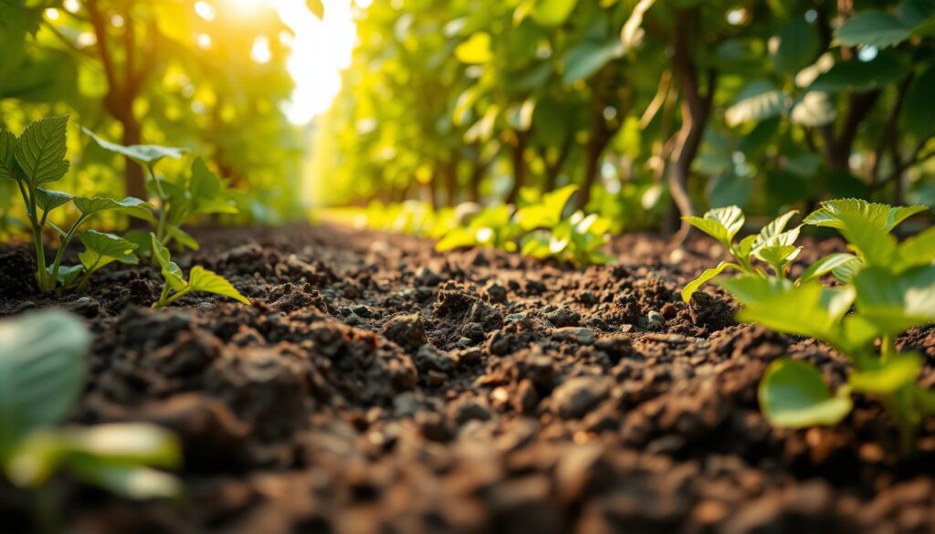 A rich, fertile soil bed in a lush, verdant garden setting, ideal for cultivating kiwi vines. The foreground features a close-up view of the dark, loamy earth, its texture inviting and nutrient-dense. Surrounding the soil, leafy green plants and vines create a vibrant, verdant backdrop, hinting at the ideal growing conditions for kiwi. Warm, diffused sunlight filters through the foliage, casting a soft, natural glow over the scene. The overall mood is one of abundance, vitality, and the promise of a bountiful kiwi harvest to come.