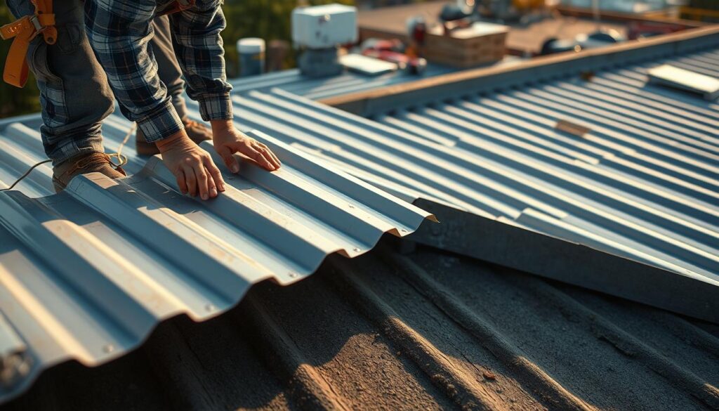 A rooftop installation scene with a skilled worker meticulously assembling metal roofing panels. The foreground shows the worker's hands carefully aligning and securing the panels, while the middle ground reveals the partially completed roof structure. In the background, a well-organized worksite with tools and materials suggests a professional, efficient approach. Soft, directional lighting casts warm shadows, creating a sense of focus and craftsmanship. The overall composition conveys the technical expertise and care required for a long-lasting, high-quality metal roof installation. A rooftop installation scene with a skilled worker meticulously assembling metal roofing panels. The foreground shows the worker's hands carefully aligning and securing the panels, while the middle ground reveals the partially completed roof structure. In the background, a well-organized worksite with tools and materials suggests a professional, efficient approach. Soft, directional lighting casts warm shadows, creating a sense of focus and craftsmanship. The overall composition conveys the technical expertise and care required for a long-lasting, high-quality metal roof installation.
