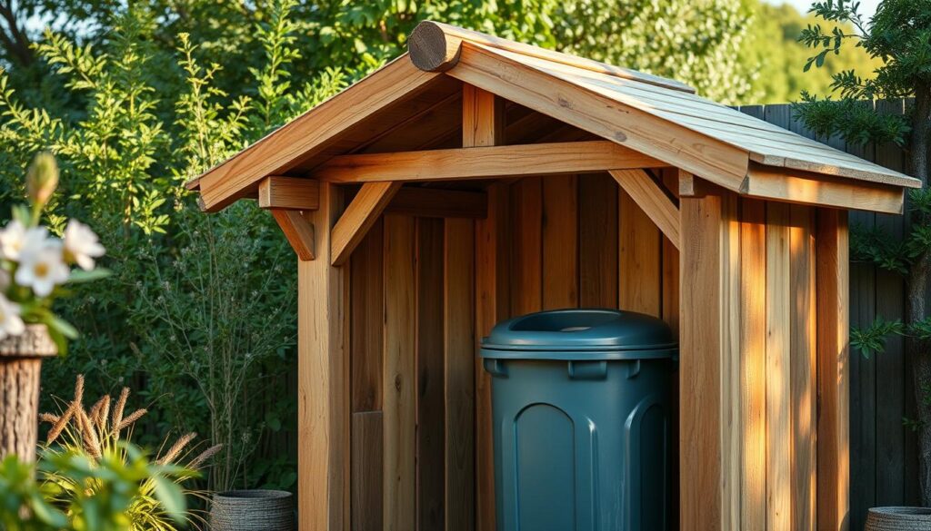 A rustic, handcrafted wooden enclosure for a garbage can, set against a backdrop of lush greenery and natural elements. The structure features a slanted roof, with carefully selected reclaimed wood planks and beams creating a charming, DIY aesthetic. Warm, natural lighting casts a soft glow, highlighting the textured grain and weathered patina of the wood. The enclosure is strategically positioned to blend seamlessly with the surrounding garden, offering a stylish and discreet solution for concealing a practical household item. The overall composition conveys a sense of effortless elegance and environmental harmony.