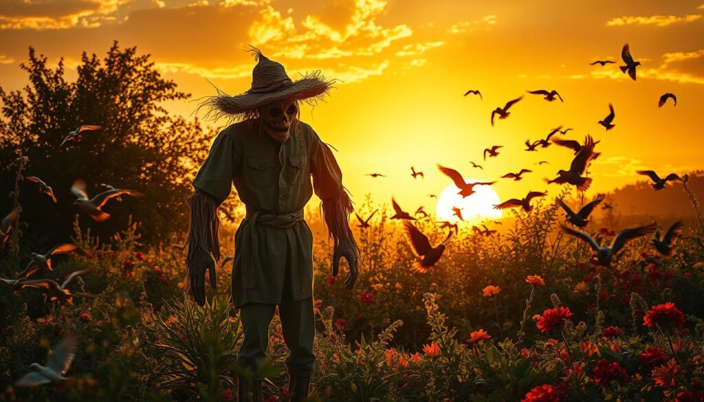 A scarecrow stands vigilant in a lush garden, its tattered clothes and crooked posture casting an eerie silhouette against the golden sunset. Intricate details adorn its form, from the weathered straw hat to the gnarled wooden frame, exuding a sense of rustic charm. In the foreground, a swarm of birds flutter and scatter, their cries echoing through the air as they retreat from the imposing figure. The background is filled with a vibrant array of flowers and vegetation, creating a picturesque rural setting. Dramatic lighting casts dramatic shadows, heightening the scarecrow's otherworldly presence and its role as a guardian of the bountiful harvest. A scarecrow stands vigilant in a lush garden, its tattered clothes and crooked posture casting an eerie silhouette against the golden sunset. Intricate details adorn its form, from the weathered straw hat to the gnarled wooden frame, exuding a sense of rustic charm. In the foreground, a swarm of birds flutter and scatter, their cries echoing through the air as they retreat from the imposing figure. The background is filled with a vibrant array of flowers and vegetation, creating a picturesque rural setting. Dramatic lighting casts dramatic shadows, heightening the scarecrow's otherworldly presence and its role as a guardian of the bountiful harvest.