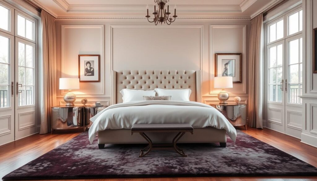 A serene and elegantly furnished bedroom in a timeless, sophisticated style. The focal point is a plush, king-size bed with crisp white linens and a lavish tufted headboard. Surrounding the bed are elegant nightstands with table lamps, casting a warm, ambient glow. The walls are adorned with tasteful, framed artwork, creating a sense of refinement. The large windows allow natural light to flood the space, illuminating the polished hardwood floors and the luxurious, jewel-toned area rug. Subtle touches of metallic accents, such as a mirror or vase, add a touch of glamour. The overall atmosphere is one of relaxation, comfort, and understated elegance.