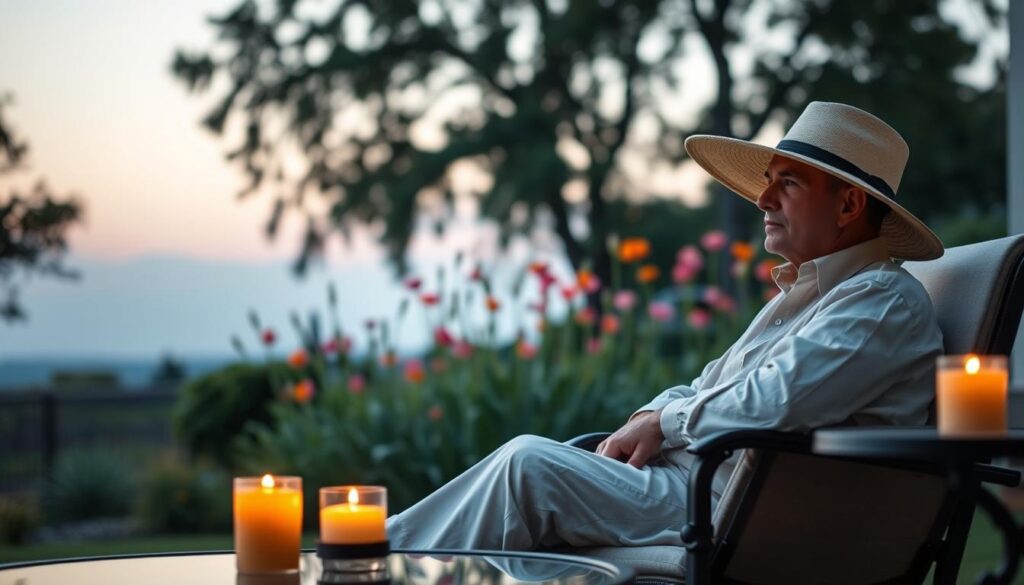 A serene backyard at dusk, with a person sitting comfortably in a lounge chair, wearing a lightweight, long-sleeved shirt and pants to protect against mosquitoes. The person's face is partially obscured by a wide-brimmed hat, casting gentle shadows. Citronella candles flicker on a nearby table, emitting a warm, earthy scent that repels the insects. In the middle ground, a lush garden with tall, vibrant flowers sways gently in a light breeze. The background is softly blurred, revealing the silhouettes of trees and a calm, dusky sky. The overall atmosphere is one of relaxation and natural protection, reflecting the theme of personal safeguarding against mosquitoes in the backyard.