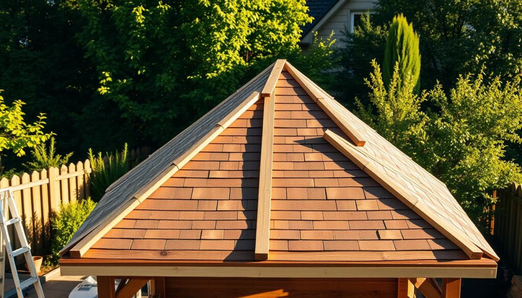 A serene backyard setting on a sunny day, with a cozy wooden altana (gazebo) at the center. The altana's roof is in the process of construction, with workers carefully laying down the wooden beams and shingles in a step-by-step fashion, creating a traditional Polish-style dual-pitched roof. The scene is bathed in warm, golden light, casting soft shadows that accentuate the details of the construction process. The background features lush greenery, complementing the natural, rustic aesthetic of the altana. The overall atmosphere conveys a sense of progress, skill, and the satisfaction of a DIY project well underway.