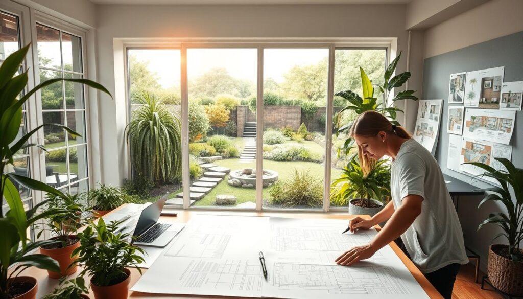 A serene garden design studio, bathed in soft natural light from large windows. In the foreground, a designer reviews detailed landscape plans and cost estimates on a drafting table, surrounded by potted plants and architectural sketches. The middle ground features lush greenery, including a small water feature and stone pathways, hinting at the final garden design. The background showcases a panoramic view of the outdoor space, with architectural renderings and sample plant selections displayed on the walls, conveying the comprehensive planning process. The overall atmosphere is one of thoughtful consideration, creative inspiration, and meticulous attention to detail in the garden design process. A serene garden design studio, bathed in soft natural light from large windows. In the foreground, a designer reviews detailed landscape plans and cost estimates on a drafting table, surrounded by potted plants and architectural sketches. The middle ground features lush greenery, including a small water feature and stone pathways, hinting at the final garden design. The background showcases a panoramic view of the outdoor space, with architectural renderings and sample plant selections displayed on the walls, conveying the comprehensive planning process. The overall atmosphere is one of thoughtful consideration, creative inspiration, and meticulous attention to detail in the garden design process.