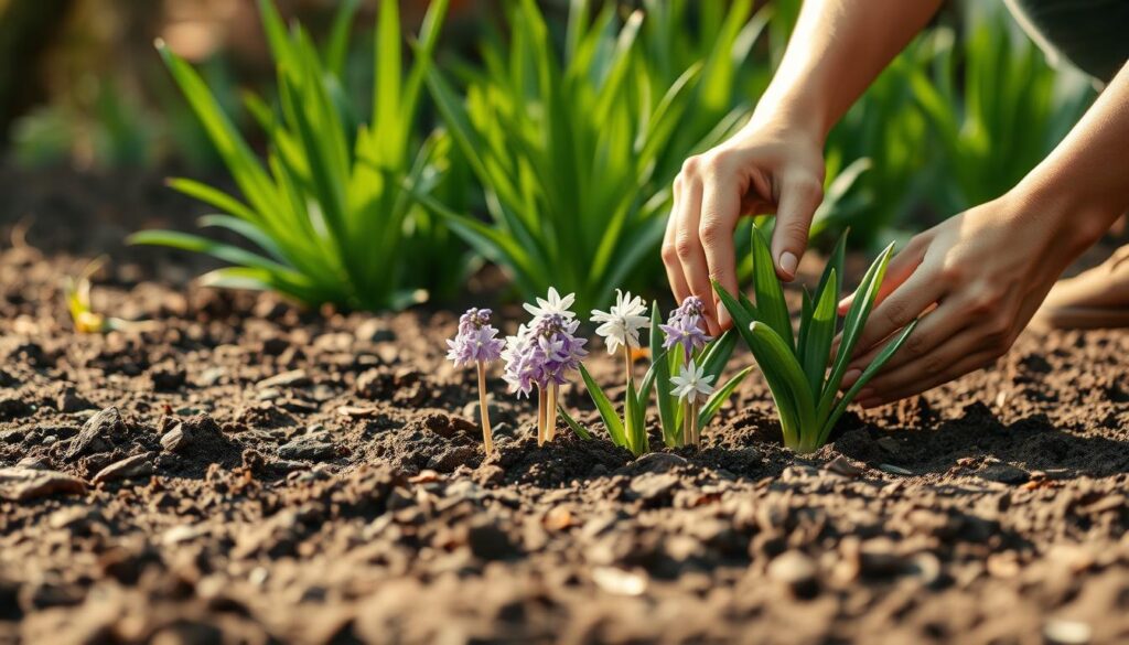 A serene garden in early spring, the ground blanketed with fresh soil. In the foreground, a group of hyacinth bulbs are carefully being planted, their delicate purple and white hues peeking through the earth. The middle ground features lush green foliage, creating a natural backdrop for the planting process. Soft, diffused sunlight filters through the scene, casting a warm, golden glow and highlighting the diligent hands at work. The atmosphere is one of tranquility and anticipation, as the gardener prepares the soil for the blooming hyacinths to come. A sense of seasonal renewal and horticultural harmony pervades the image.