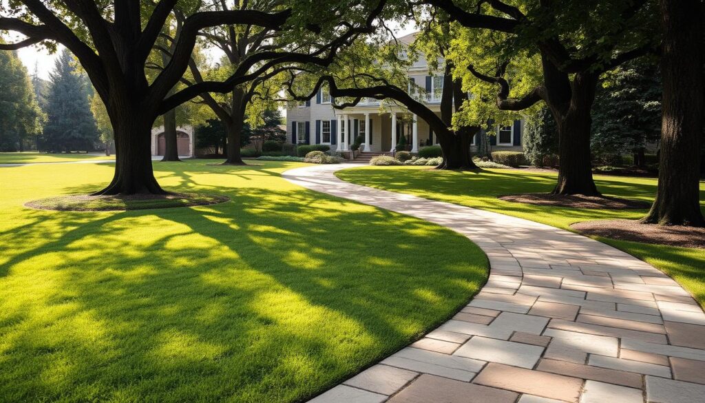 A serene garden path leading to a stately home, adorned with a variety of natural stone pavers in warm, earthy tones. The path meanders through a lush, verdant lawn, creating a seamless transition between the built and natural environments. Soft, diffused lighting filters through the canopy of mature trees, casting a gentle glow and casting long shadows across the scene. The path is wide enough to accommodate foot traffic, with subtle curves that invite exploration. The overall composition conveys a sense of tranquility and harmony, perfectly suited to welcome visitors to the entrance of the home. A serene garden path leading to a stately home, adorned with a variety of natural stone pavers in warm, earthy tones. The path meanders through a lush, verdant lawn, creating a seamless transition between the built and natural environments. Soft, diffused lighting filters through the canopy of mature trees, casting a gentle glow and casting long shadows across the scene. The path is wide enough to accommodate foot traffic, with subtle curves that invite exploration. The overall composition conveys a sense of tranquility and harmony, perfectly suited to welcome visitors to the entrance of the home.