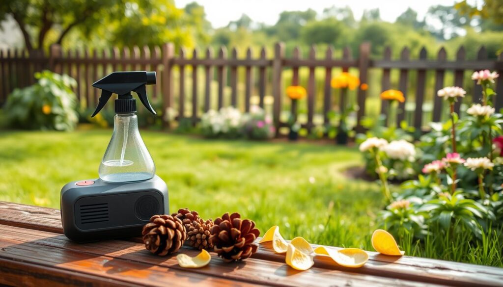 A serene garden scene, with various dog repellent methods artfully arranged. In the foreground, a motion-activated ultrasonic device and a citronella-based spray bottle sit atop a wooden bench. The middle ground features strategically placed pinecones and citrus peels, while the background showcases a lush, verdant landscape with a picturesque fence and a few carefully selected flowering plants that are known to deter canine intruders. The lighting is soft and natural, creating a calming atmosphere that suggests a harmonious coexistence between man, garden, and canine. The camera angle is slightly elevated, providing a comprehensive view of the effective yet thoughtful dog deterrents.