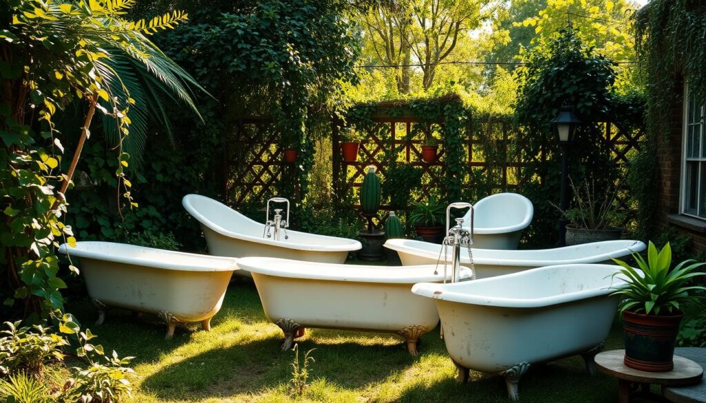 A serene garden setting, with an inviting arrangement of vintage clawfoot bathtubs arranged in a whimsical, asymmetrical composition. The tubs are positioned at various angles, some gently tilted to the side, creating a sense of relaxation and playfulness. Soft, natural lighting filters through lush greenery, casting warm shadows and highlighting the weathered patina of the tubs. The surrounding foliage, including trailing vines and potted plants, adds to the organic, earthy atmosphere. This captivating tableau evokes a feeling of tranquility and a celebration of repurposed, everyday objects in an artistic, outdoor setting.