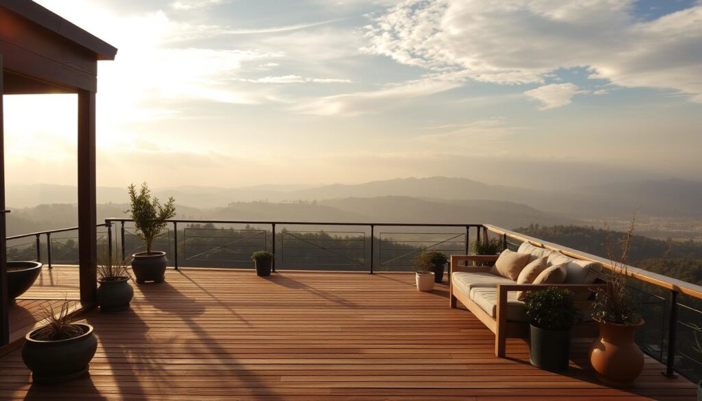 A serene outdoor patio overlooking a scenic landscape, with a cozy seating arrangement and natural lighting filtering through wispy clouds. The terrace is made of warm-toned wood planks, complemented by potted plants and subtle garden accents. The background showcases a breathtaking vista of rolling hills, a distant forest, and a hazy, atmospheric sky. The overall mood is one of tranquility and an appreciation for the beauty of the natural world.