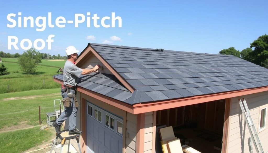 A single-pitch roof is being installed on a small residential garage. The scene is set in a sunny, rural setting with a lush green lawn and a few trees in the background. The roofer, wearing a hard hat and safety gear, is carefully aligning and securing the roofing panels, creating a uniform, sleek appearance. The roof's slope is gentle, emphasizing its functional and practical design. The tools and materials surrounding the worker suggest a methodical, step-by-step installation process. The overall atmosphere conveys a sense of skilled craftsmanship and attention to detail, reflecting the instructional nature of the article's section on single-pitch roof construction.