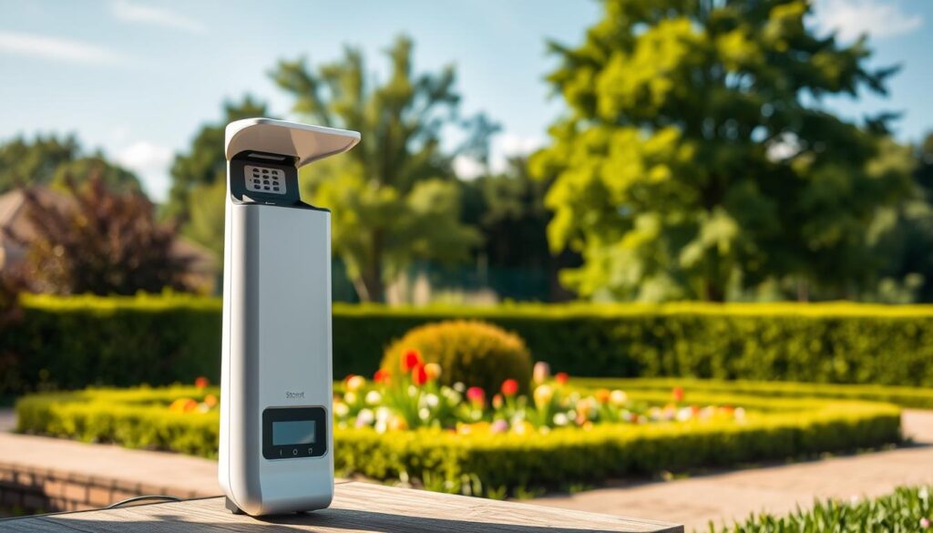 A sleek, modern ultrasonic bird repeller stands prominently in a lush garden setting. The device emits high-frequency soundwaves that are imperceptible to humans but effectively deter birds from the surrounding area. The foreground features the repeller's clean, minimalist design with a small display panel indicating its active status. In the middle ground, a well-tended flowerbed and neatly trimmed hedges create a visually appealing, well-maintained landscape. The background showcases a picturesque backdrop of verdant trees and a clear blue sky, conveying a sense of tranquility and balance. Subtle, warm lighting illuminates the scene, highlighting the repeller's functional elegance and its integration within the harmonious garden environment. A sleek, modern ultrasonic bird repeller stands prominently in a lush garden setting. The device emits high-frequency soundwaves that are imperceptible to humans but effectively deter birds from the surrounding area. The foreground features the repeller's clean, minimalist design with a small display panel indicating its active status. In the middle ground, a well-tended flowerbed and neatly trimmed hedges create a visually appealing, well-maintained landscape. The background showcases a picturesque backdrop of verdant trees and a clear blue sky, conveying a sense of tranquility and balance. Subtle, warm lighting illuminates the scene, highlighting the repeller's functional elegance and its integration within the harmonious garden environment.