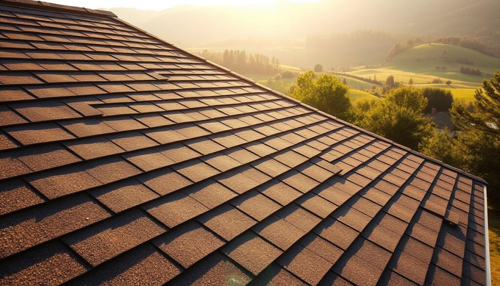 A sloped rooftop on a rustic country house, bathed in warm, golden afternoon sunlight. The asphalt shingles are neatly arranged, their textured surface creating a visually appealing pattern. The roof's gentle pitch casts long, dramatic shadows, adding depth and dimension to the scene. In the foreground, the shingles are sharply in focus, showcasing their durable, weather-resistant construction. The middle ground features the roof's seamless integration with the home's exterior, blending harmoniously with the surrounding architecture. In the background, a picturesque landscape of rolling hills and lush, verdant foliage completes the tranquil, pastoral setting.