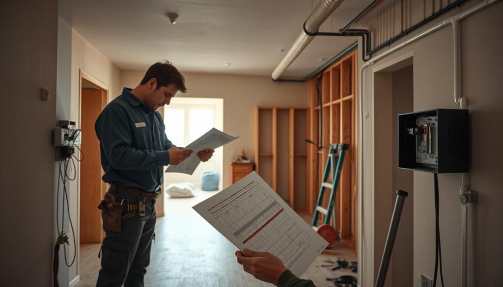 A spacious apartment interior with a focus on ongoing installation work. In the foreground, a skilled technician installs electrical wiring, carefully following the circuit diagram. The middle ground showcases plumbing fixtures and tools, hinting at ongoing pipe and fixture installation. The background reveals exposed walls, revealing the building's structural elements and the scope of the technical work. Soft, diffused lighting casts a warm, productive atmosphere, and the camera angle captures the methodical process of the installation in progress. The overall scene conveys a sense of diligent, professional construction work essential for preparing a living space.