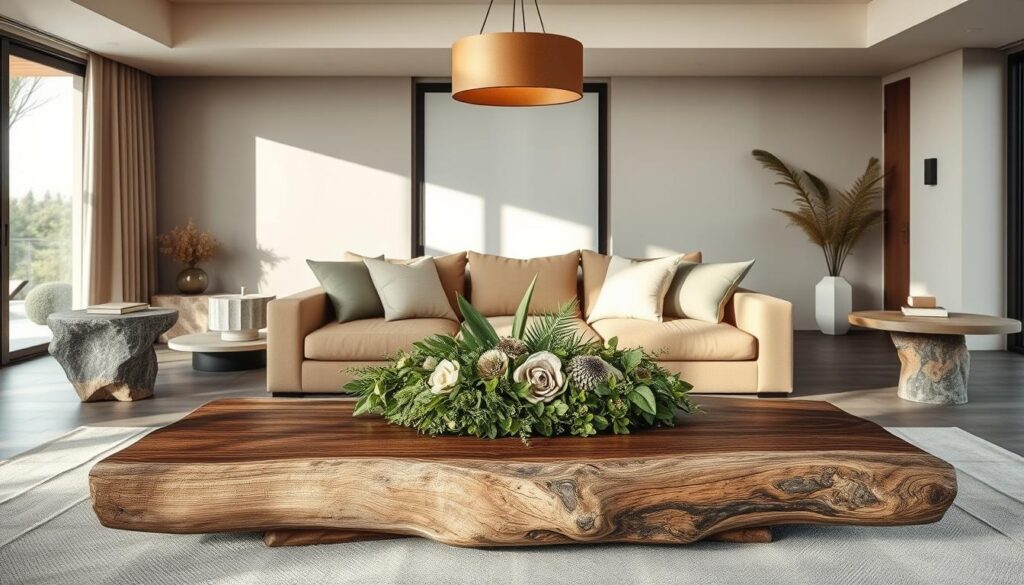 A spacious, modern living room filled with an array of natural materials. The foreground showcases a large, rustic wooden coffee table, its surface adorned with a centerpiece of lush greenery and organic textures. In the middle ground, a plush, earthy-toned sofa is flanked by minimalist side tables crafted from stone and wood. Overhead, a pendant light fixture casts a warm, ambient glow, casting shadows that accentuate the tactile quality of the materials. The background features a large window, allowing natural daylight to pour in and highlight the room's natural palette of beige, brown, and sage tones. The overall atmosphere evokes a sense of tranquility and understated elegance, embodying the power of natural materials in a modern, sophisticated setting.