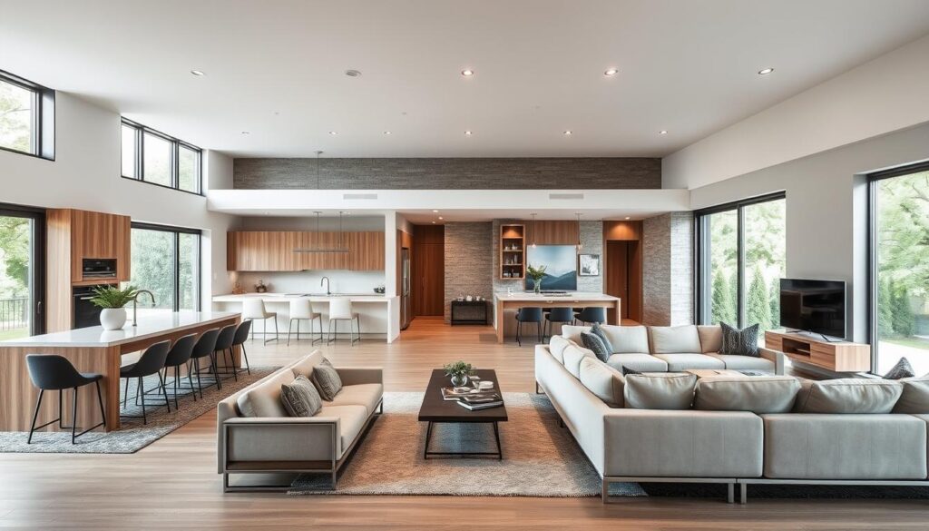 A spacious open-plan living area with a seamless transition between the kitchen, dining, and living zones. A modern and minimalist aesthetic with clean lines, neutral tones, and natural materials like wood and stone. Soft, diffused lighting from large windows and overhead fixtures casts a warm, cozy glow. Comfortable, modular furniture arranged in a balanced, harmonious layout. Subtle zoning cues like area rugs, lighting, and furniture placement help define each functional space without physical barriers. An inviting, cohesive atmosphere that encourages relaxation and togetherness. A spacious open-plan living area with a seamless transition between the kitchen, dining, and living zones. A modern and minimalist aesthetic with clean lines, neutral tones, and natural materials like wood and stone. Soft, diffused lighting from large windows and overhead fixtures casts a warm, cozy glow. Comfortable, modular furniture arranged in a balanced, harmonious layout. Subtle zoning cues like area rugs, lighting, and furniture placement help define each functional space without physical barriers. An inviting, cohesive atmosphere that encourages relaxation and togetherness.