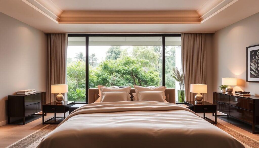 A spacious, well-lit bedroom with an elegant, modern design. The foreground features a plush, neutral-toned king-size bed with luxurious bedding and an array of fluffy pillows. Flanking the bed are sleek, minimalist nightstands with simple table lamps casting a warm, cozy glow. In the middle ground, a floor-to-ceiling window offers a picturesque view of a lush, verdant garden, filling the room with natural light. The background showcases tasteful, minimalist decor, including a modern art piece on the wall and a subtle, patterned rug underfoot. The overall atmosphere is one of serene sophistication, reflecting a stylish and comfortable living space.