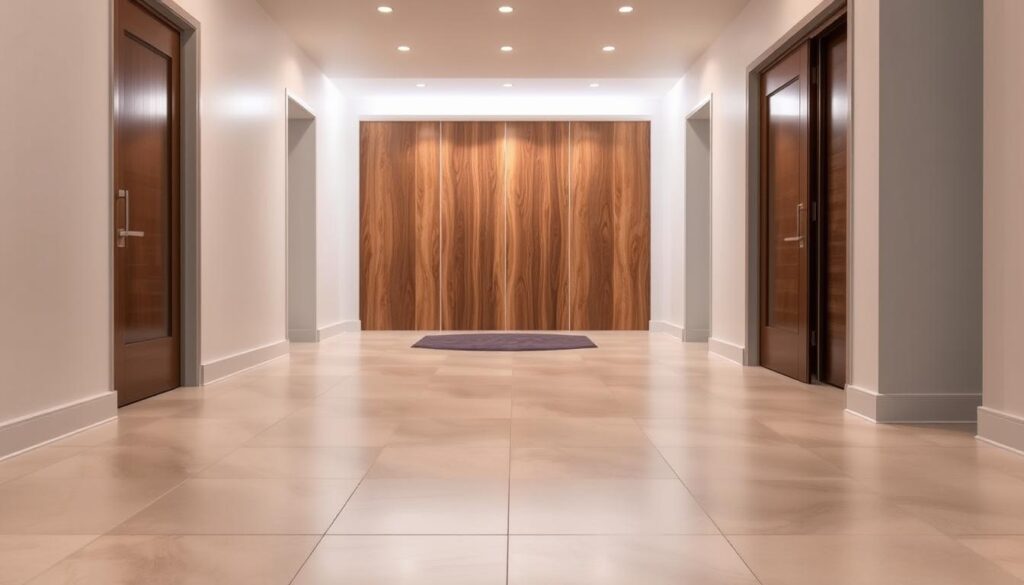 A spacious, well-lit foyer showcasing a variety of floor options. In the foreground, smooth, glossy ceramic tiles in a neutral palette create a clean, contemporary look. In the middle ground, warm wood-grain laminate panels lend a natural, rustic charm. The background features sleek, durable vinyl planks with a realistic textured surface. Overhead, a soft, diffused lighting casts a pleasant ambiance, highlighting the diverse textures and tones of the flooring. The scene conveys a sense of inviting practicality, where form and function seamlessly blend to create an aesthetically pleasing and functional entryway.