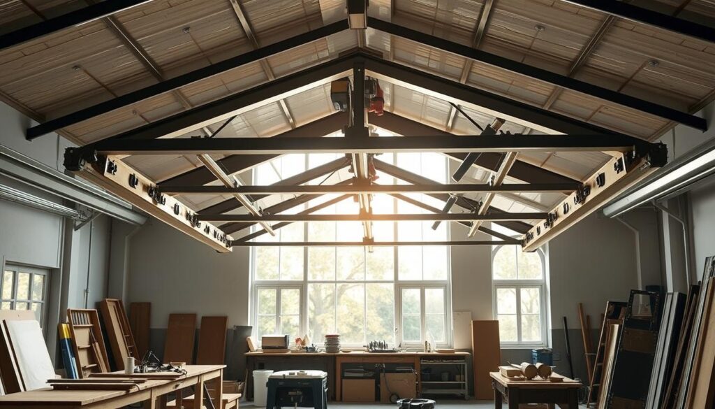 A step-by-step installation of a lifted roof system. A well-lit workshop interior with a partially disassembled roof structure in the foreground. Workbenches, tools, and construction materials in the middle ground. Large windows in the background provide natural illumination, casting a warm, focused glow on the assembly process. The roof components are meticulously detailed, showcasing the intricate mechanisms that enable the lift functionality. The overall atmosphere conveys a sense of precision, craftsmanship, and technical expertise required for this specialized home improvement project.
