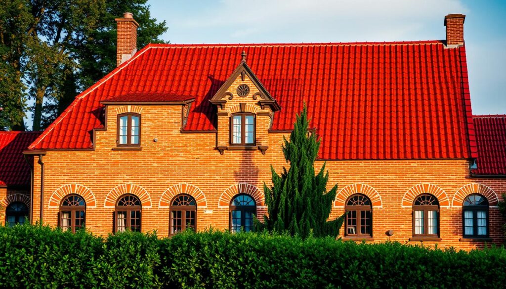 A striking red-brick facade stands proudly, its warm hues complementing the deep crimson of the rooftop tiles. The structure exudes a timeless elegance, with meticulously crafted arched windows and intricate decorative elements that cast dramatic shadows across the surface. Surrounding the building, a lush, verdant landscape provides a serene contrast, drawing the eye to the architectural centerpiece. Soft, diffused lighting illuminates the scene, casting a golden glow that accentuates the depth and texture of the materials. The overall composition evokes a sense of traditional European charm, perfectly suited to showcase the harmonious interplay between the red roof and the expertly designed facade.