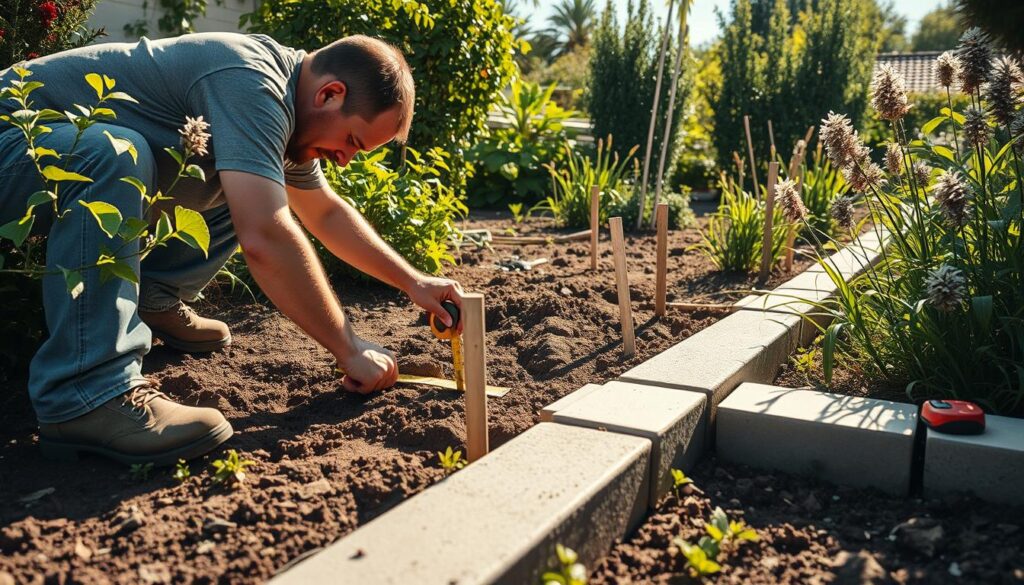 A sun-dappled garden scene, a worker meticulously measuring and marking the ground with a tape measure and stakes, preparing the earth for the precise placement of sturdy concrete curbs. The soil is loosened, weeds cleared, creating a smooth, even foundation for the carefully aligned kerbstones. The worker's focused expression and the tools scattered around hint at the careful attention required to ensure a perfect border that will frame the lush greenery. Warm natural lighting casts soft shadows, adding depth and texture to the tranquil outdoor tableau.