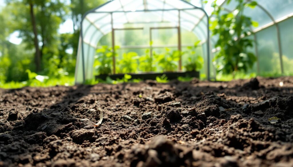 A sun-dappled outdoor scene with a fertile soil bed in the foreground, ready for planting. In the middle ground, a frame structure stands, hinting at the presence of a greenhouse or polytunnel. The background is lush with greenery, suggesting a verdant garden setting. The lighting is soft and natural, casting gentle shadows and highlighting the texture of the soil. The composition emphasizes the preparation of the growing space, conveying a sense of anticipation and the promise of a bountiful harvest to come.