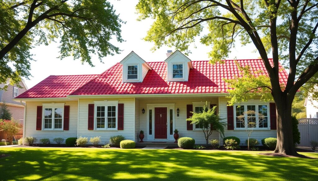 A sunny, well-lit suburban house with a vibrant cherry-red roof, surrounded by a lush, meticulously manicured lawn. The house features a light, neutral-toned exterior, avoiding the heavy, oppressive appearance of dark-colored walls. The windows are adorned with tasteful white trim, complementing the overall bright and airy aesthetic. Tall, verdant trees frame the scene, casting gentle shadows across the scene. The overall composition conveys a sense of warmth, balance, and harmony, showcasing how a bright, light-colored facade can beautifully accentuate a striking red roof.