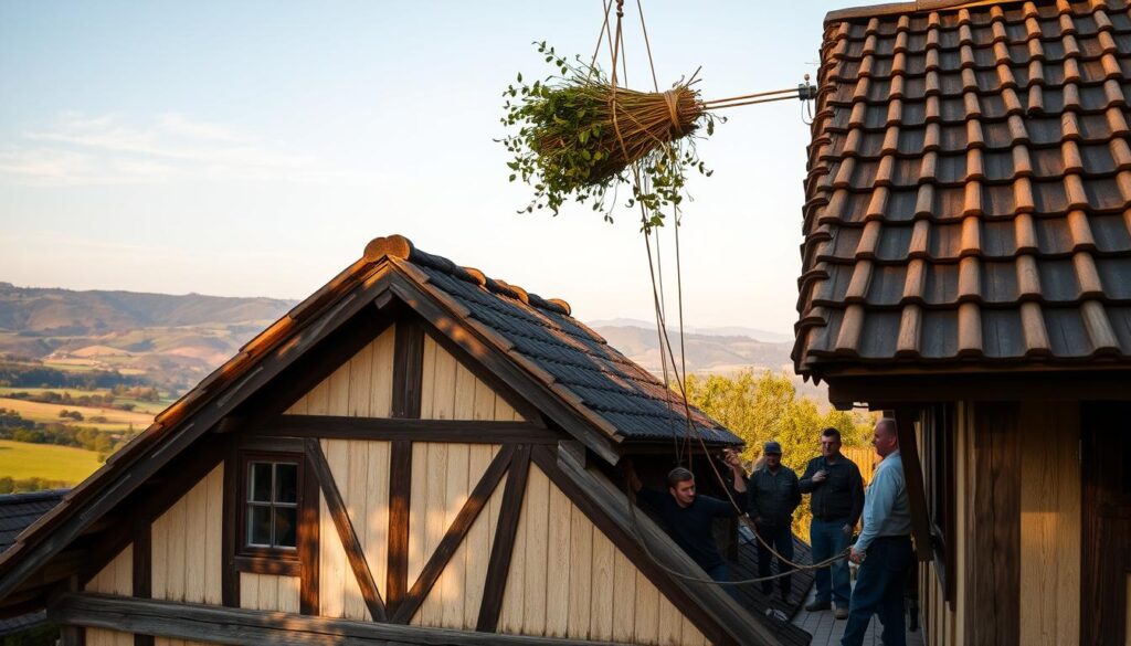 A traditional timber-framed house with a steep, tiled roof. In the foreground, a group of workers carefully lift a freshly woven, leafy wiecha and guide it towards the peak of the roof. The wiecha, a symbolic bundle of branches and foliage, is being hoisted with ropes and pulleys, its green leaves and twigs catching the warm, golden light of the afternoon sun. In the middle ground, other workers stand ready to secure the wiecha in place, their faces filled with a sense of pride and accomplishment. The background features a picturesque rural landscape, with rolling hills and a clear, blue sky, setting the scene for this age-old roofing ceremony.